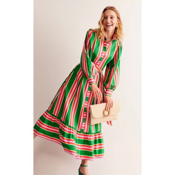 Boden Green Pink Multi Stripe Maxi Shirt Dress Ruffle Hem | Size 8P - Picture 2 of 14